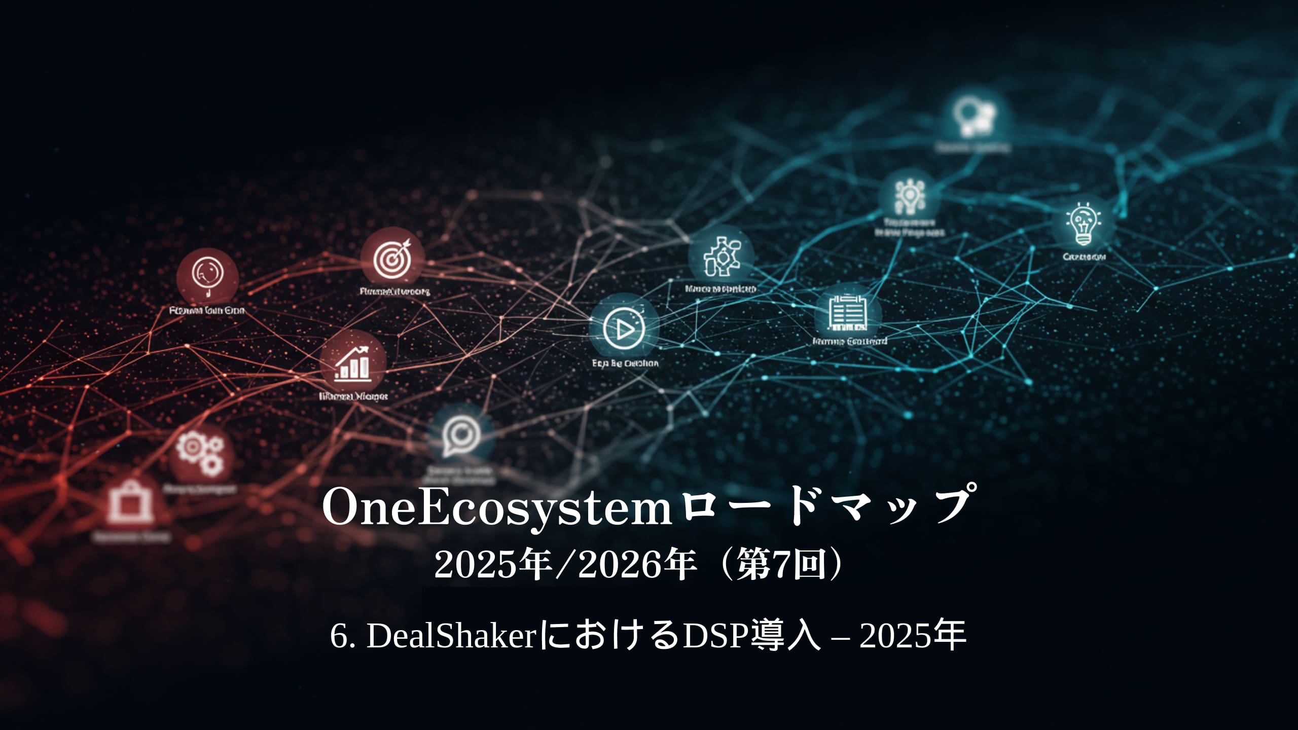 Màu xanh lam và đỏ làm cho văn bản tiếng Nhật nổi bật: "Lộ trình OneEcosystem 2025/2026 (thứ 7)6. Triển khai DSP trong DealShaker - 2025.